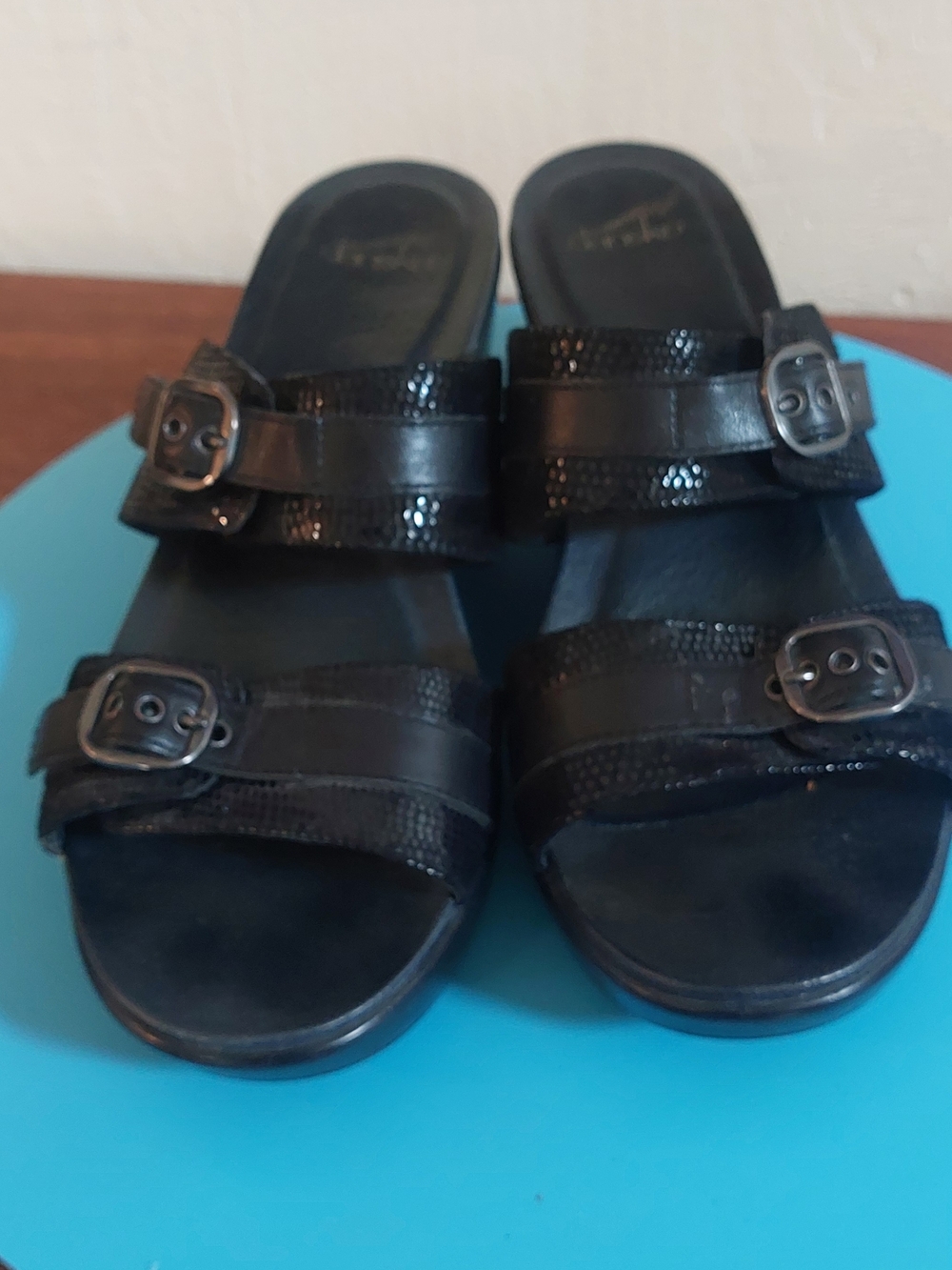 Dansko Black Leather Slide Sandals with Embossed Lizard Skin Straps